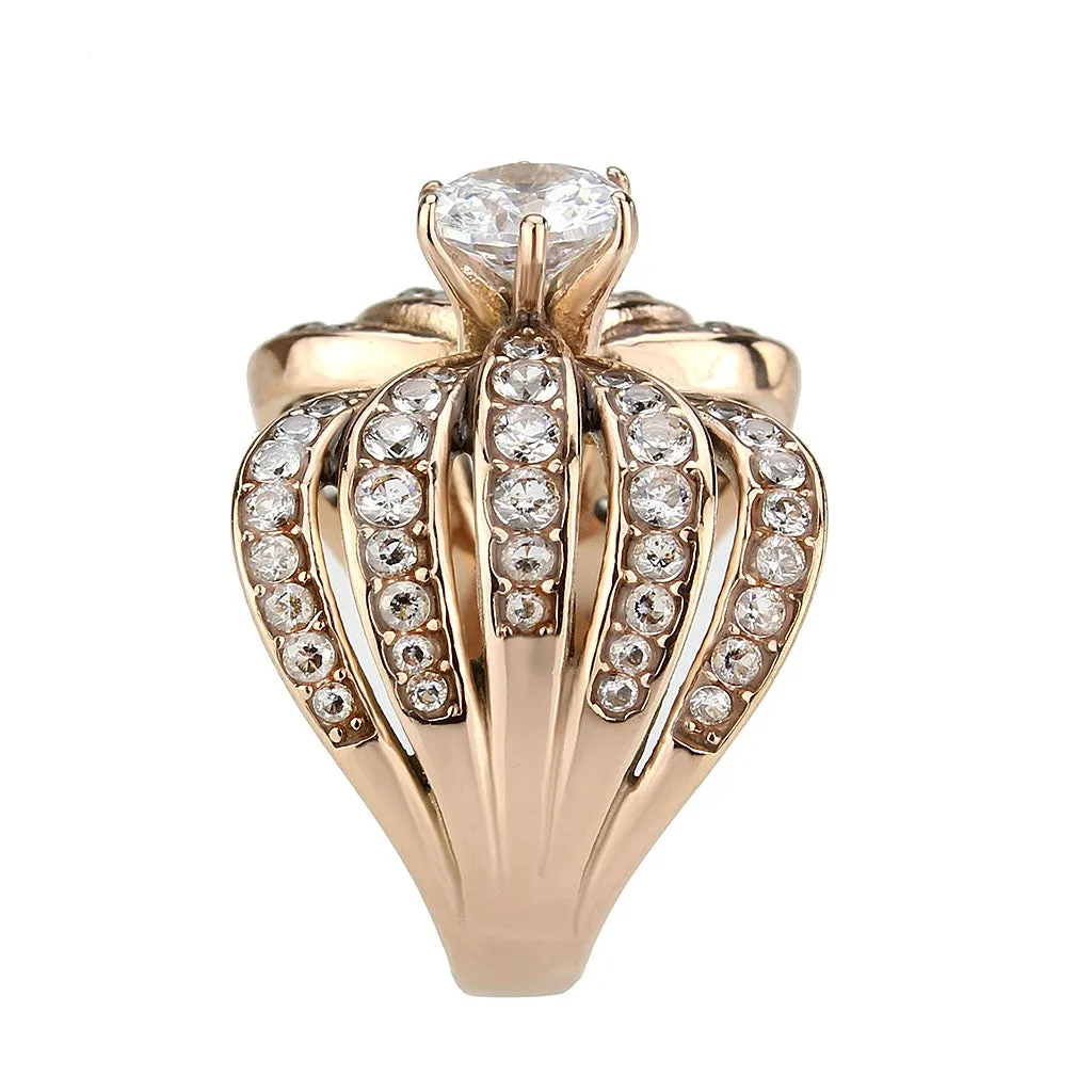 IP Rose Gold(Ion Plating) Stainless Steel Ring with AAA Grade CZ in Clear for Women Style TK3786