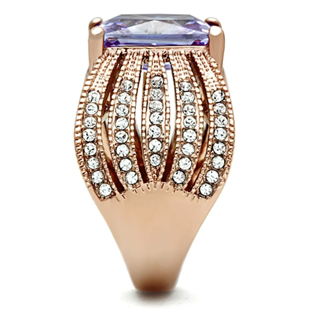 IP Rose Gold(Ion Plating) Stainless Steel Ring with AAA Grade CZ in Light Amethyst for Women Style TK1490