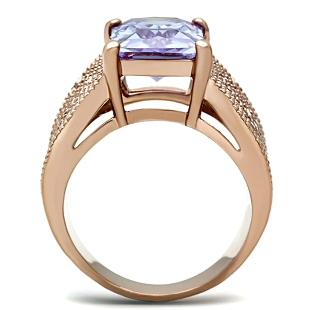 IP Rose Gold(Ion Plating) Stainless Steel Ring with AAA Grade CZ in Light Amethyst for Women Style TK1490