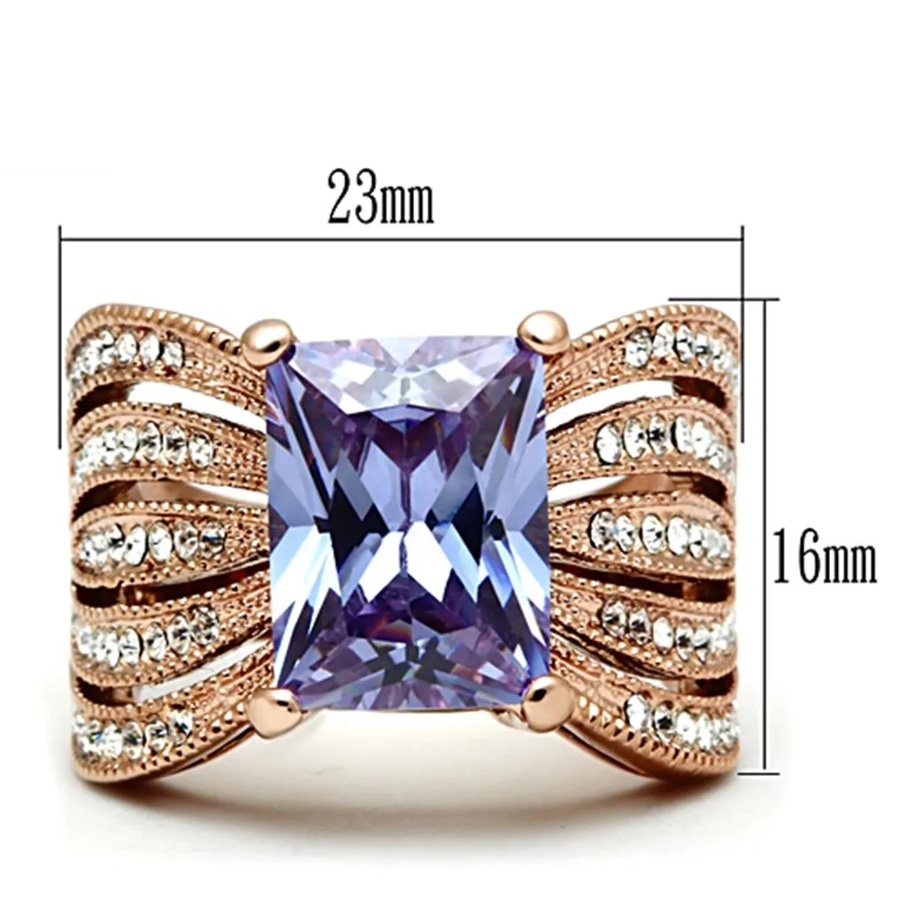 IP Rose Gold(Ion Plating) Stainless Steel Ring with AAA Grade CZ in Light Amethyst for Women Style TK1490