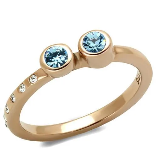 IP Rose Gold(Ion Plating) Stainless Steel Ring with Top Grade Crystal in Sea Blue for Women Style TK2807