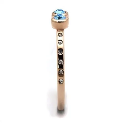 IP Rose Gold(Ion Plating) Stainless Steel Ring with Top Grade Crystal in Sea Blue for Women Style TK2807