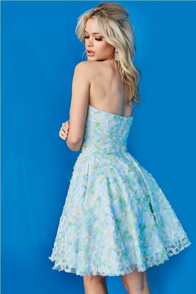 Jovani 07965 Multi Floral Fit and Flare Strapless Short Cocktail Homecoming Dress