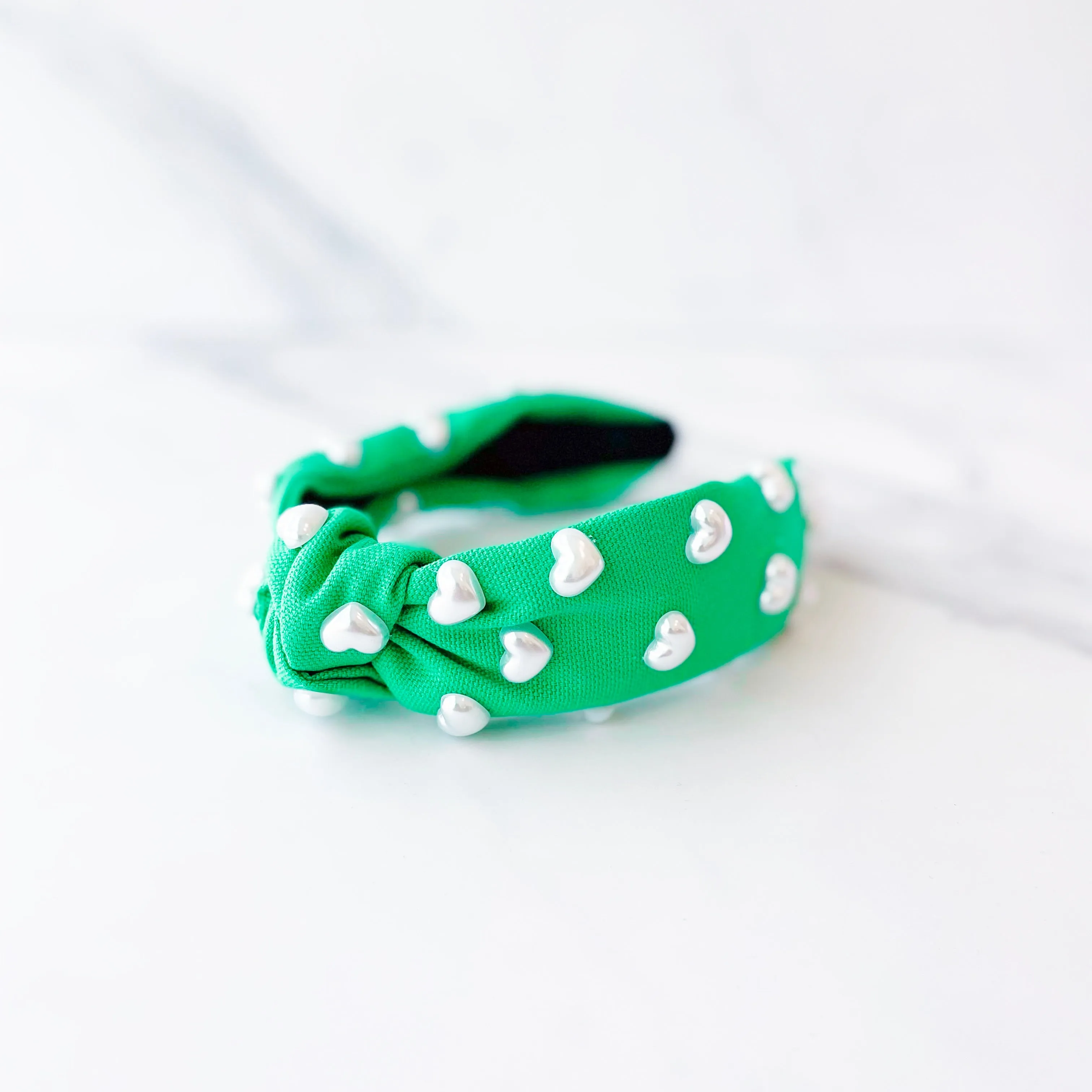 Kelly Green Headband with White Pearl Hearts