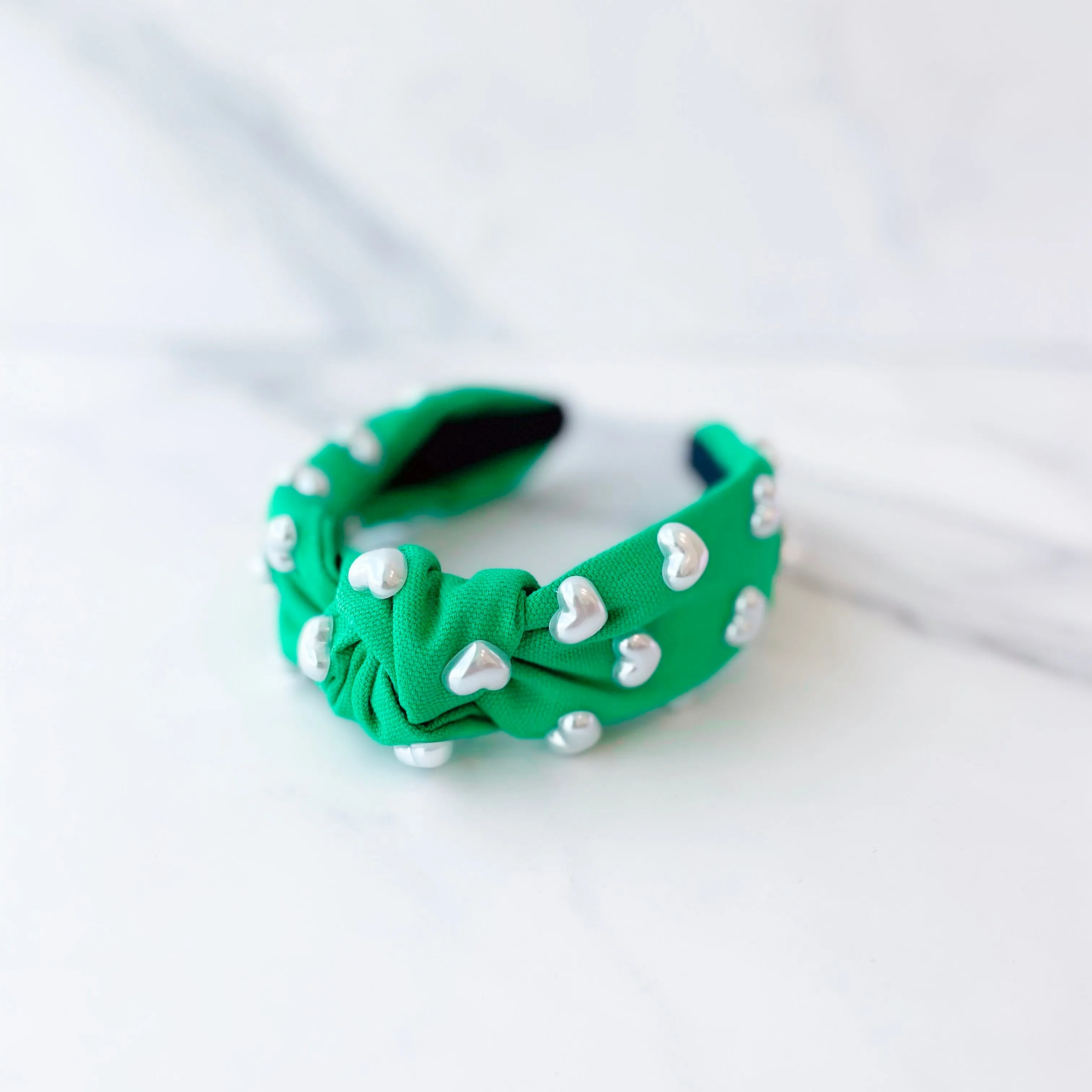 Kelly Green Headband with White Pearl Hearts