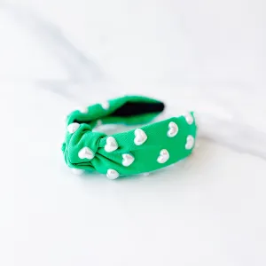 Kelly Green Headband with White Pearl Hearts