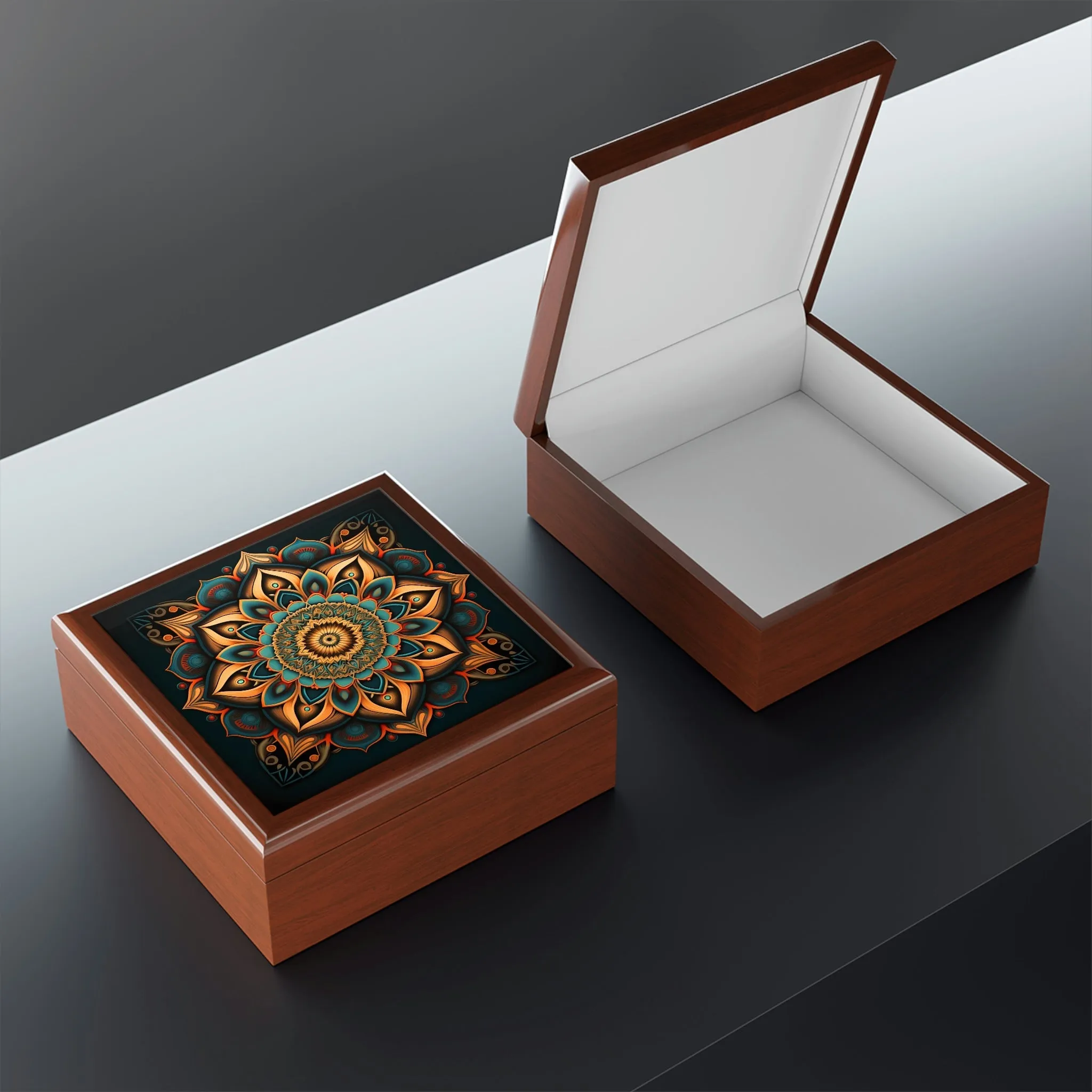 Mandala Wood Keepsake Jewelry Box with Ceramic Tile Cover