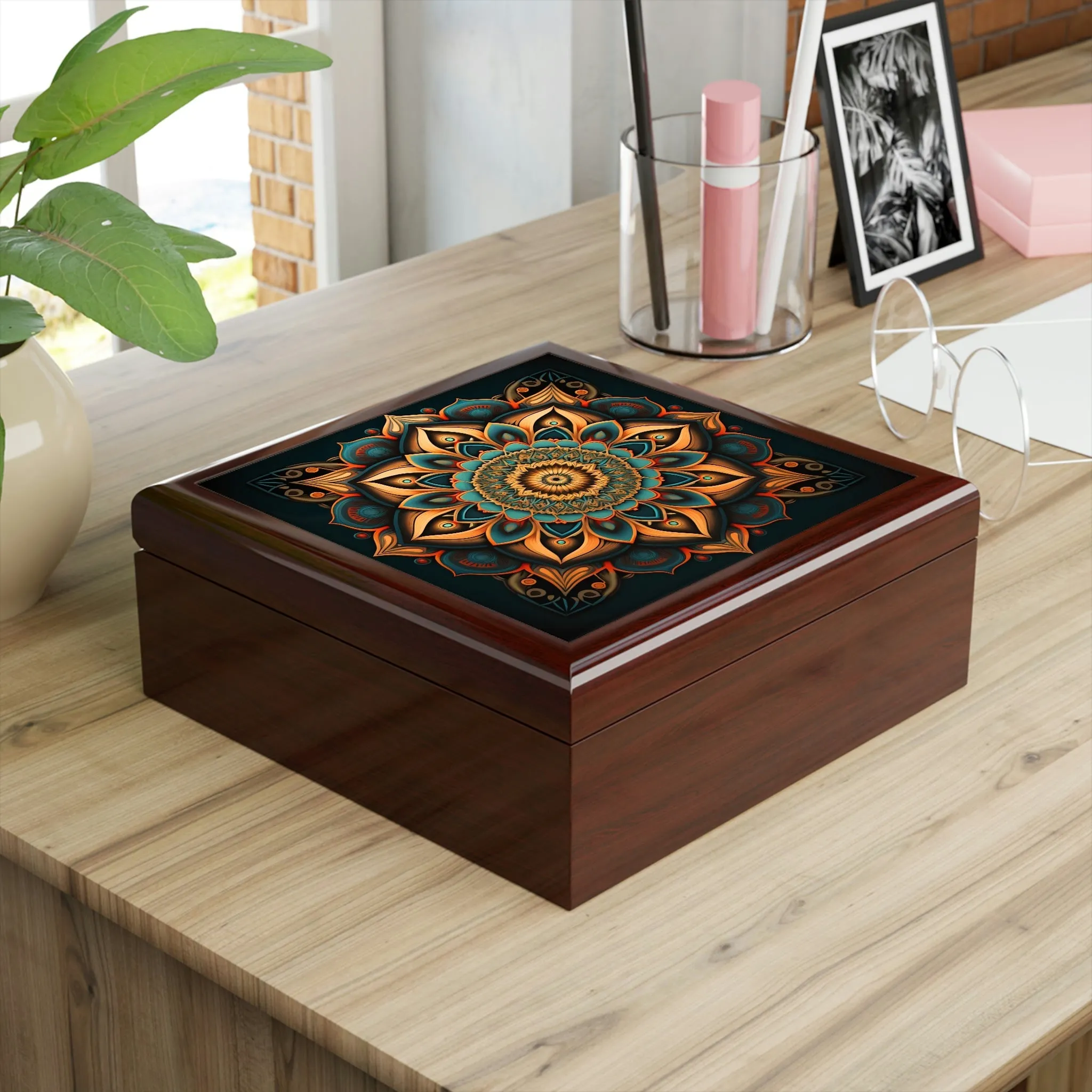 Mandala Wood Keepsake Jewelry Box with Ceramic Tile Cover