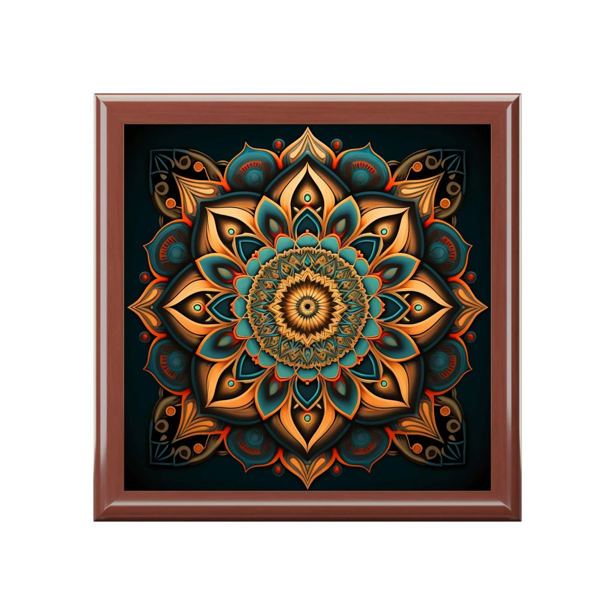 Mandala Wood Keepsake Jewelry Box with Ceramic Tile Cover