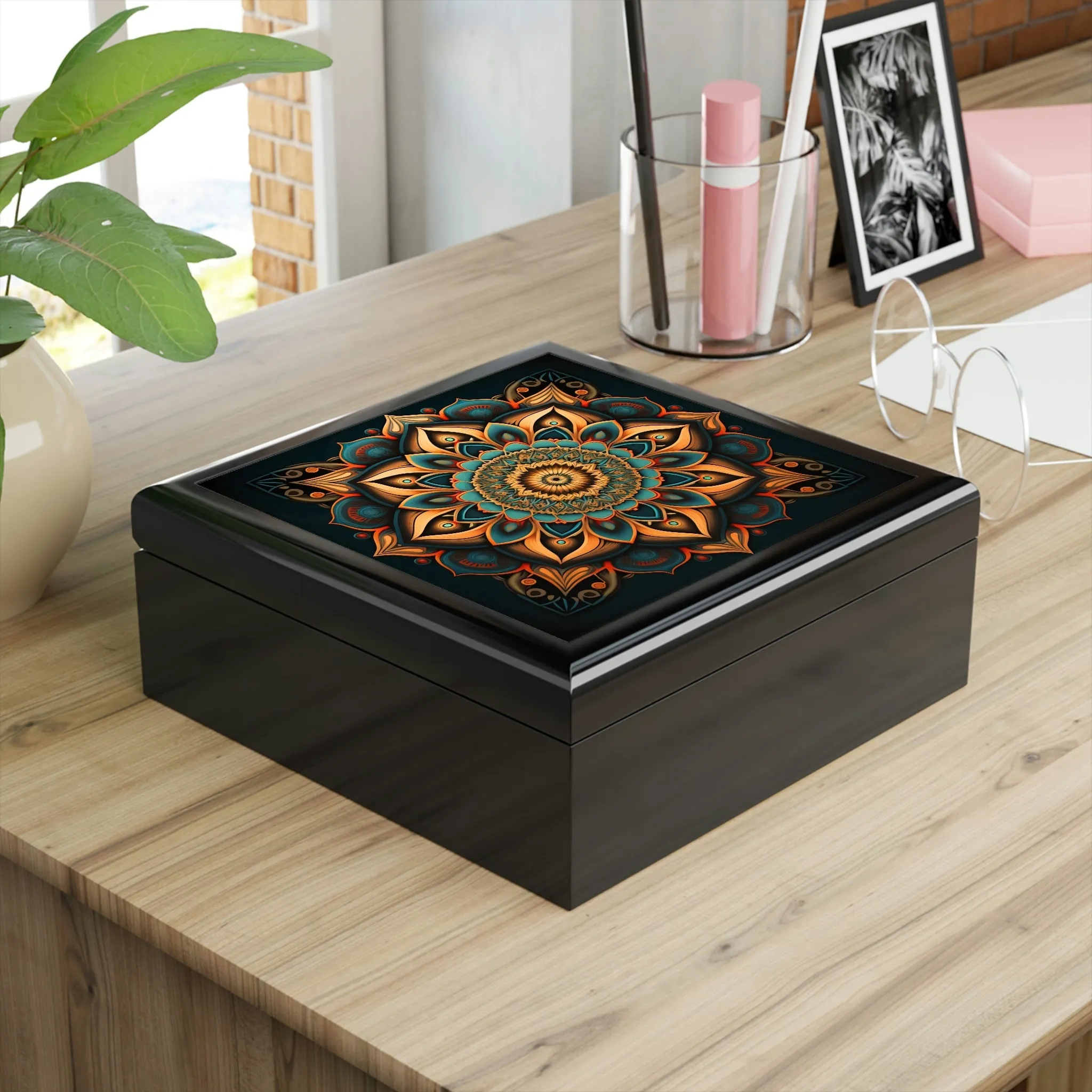 Mandala Wood Keepsake Jewelry Box with Ceramic Tile Cover