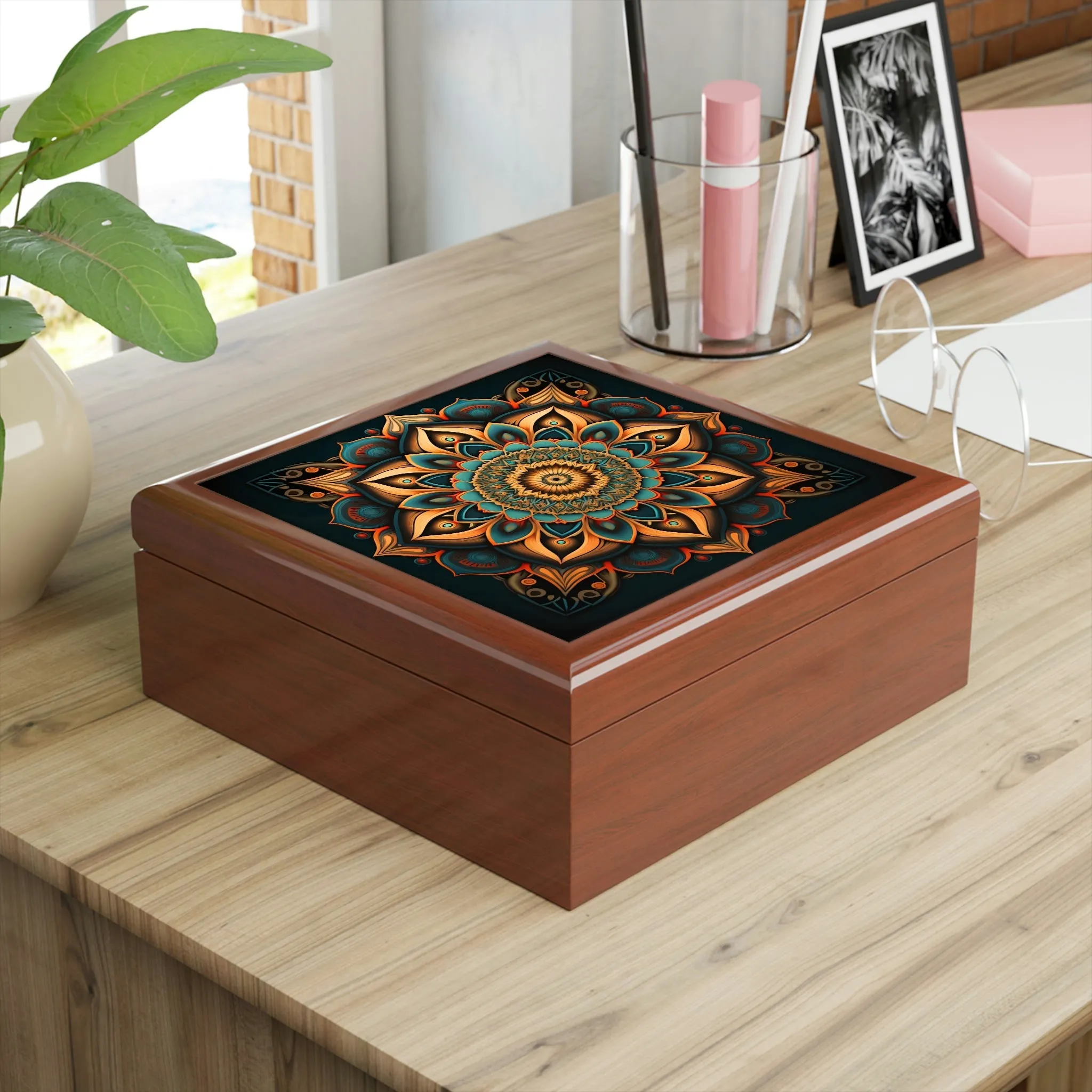 Mandala Wood Keepsake Jewelry Box with Ceramic Tile Cover