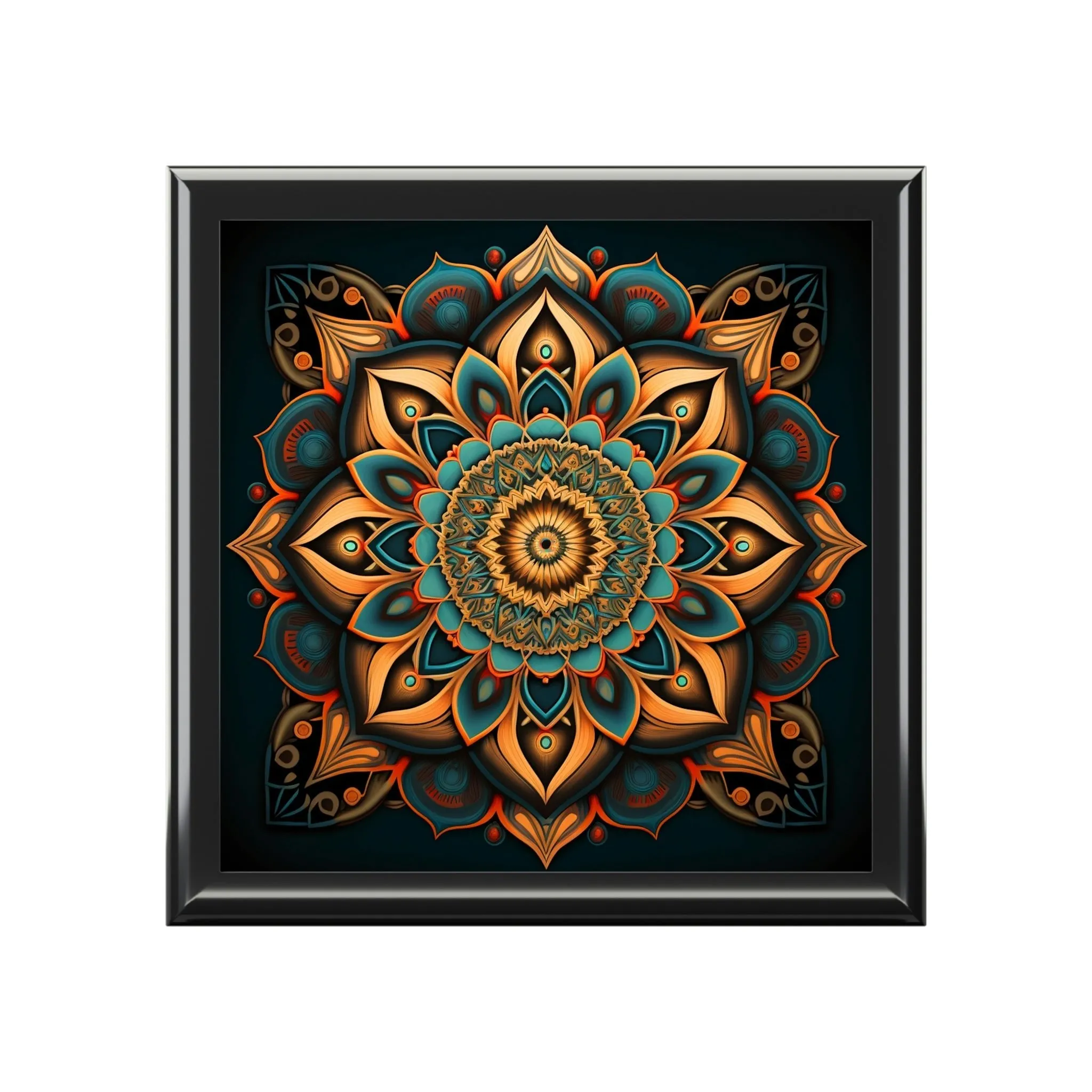 Mandala Wood Keepsake Jewelry Box with Ceramic Tile Cover