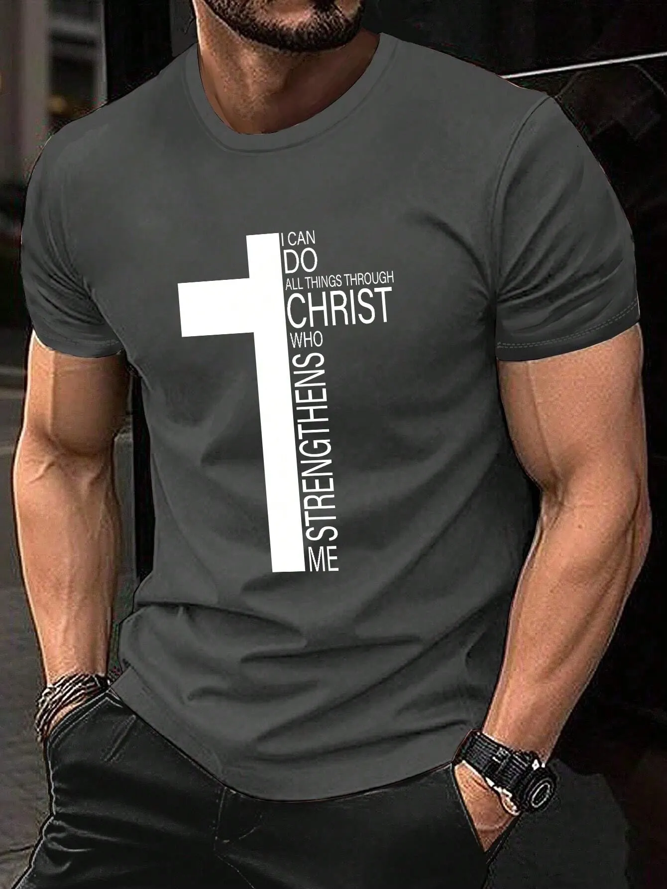 Men's Casual Summer Slogan T-Shirt, Cross Print, Round Neck, Short Sleeve