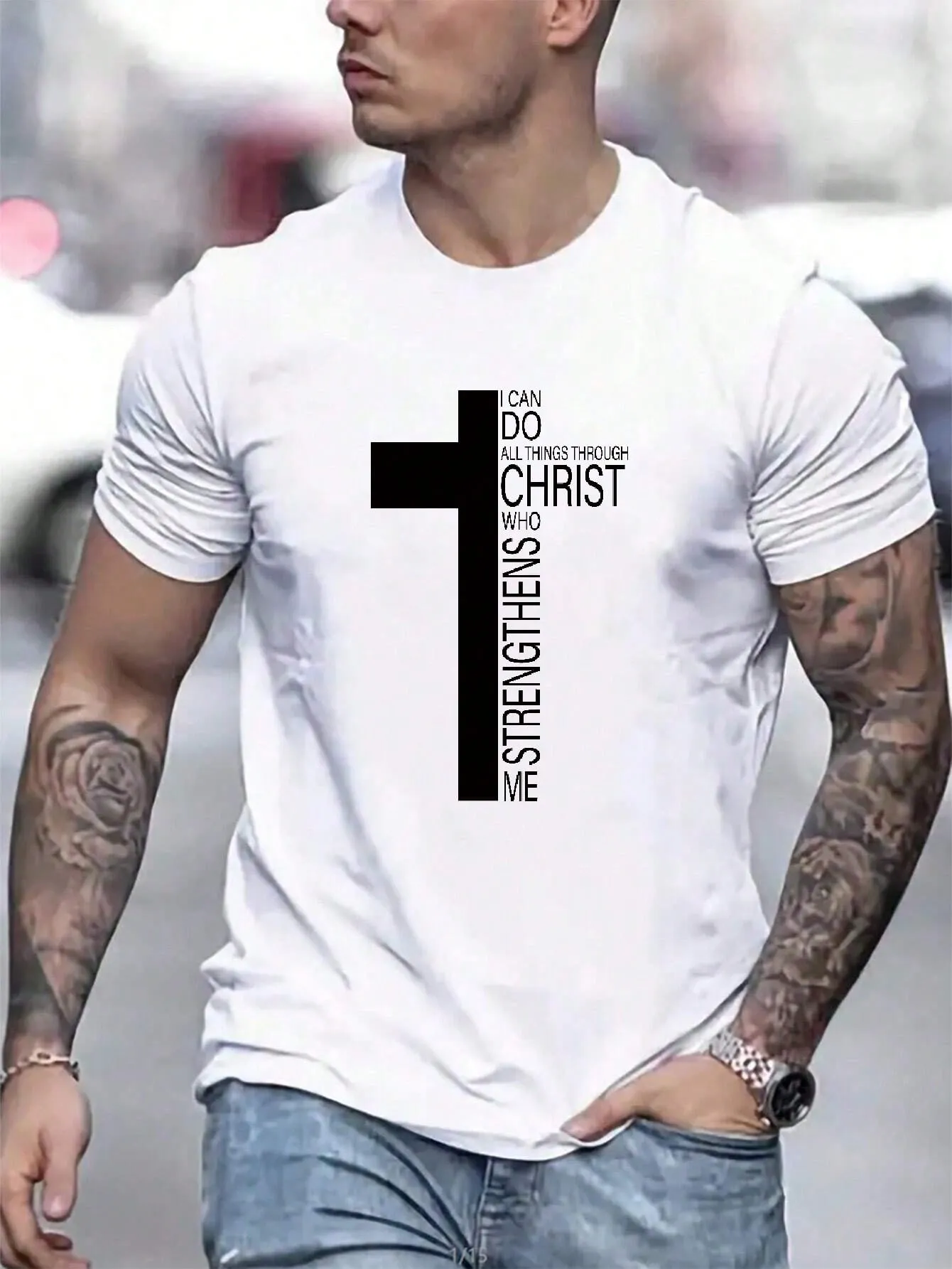 Men's Casual Summer Slogan T-Shirt, Cross Print, Round Neck, Short Sleeve