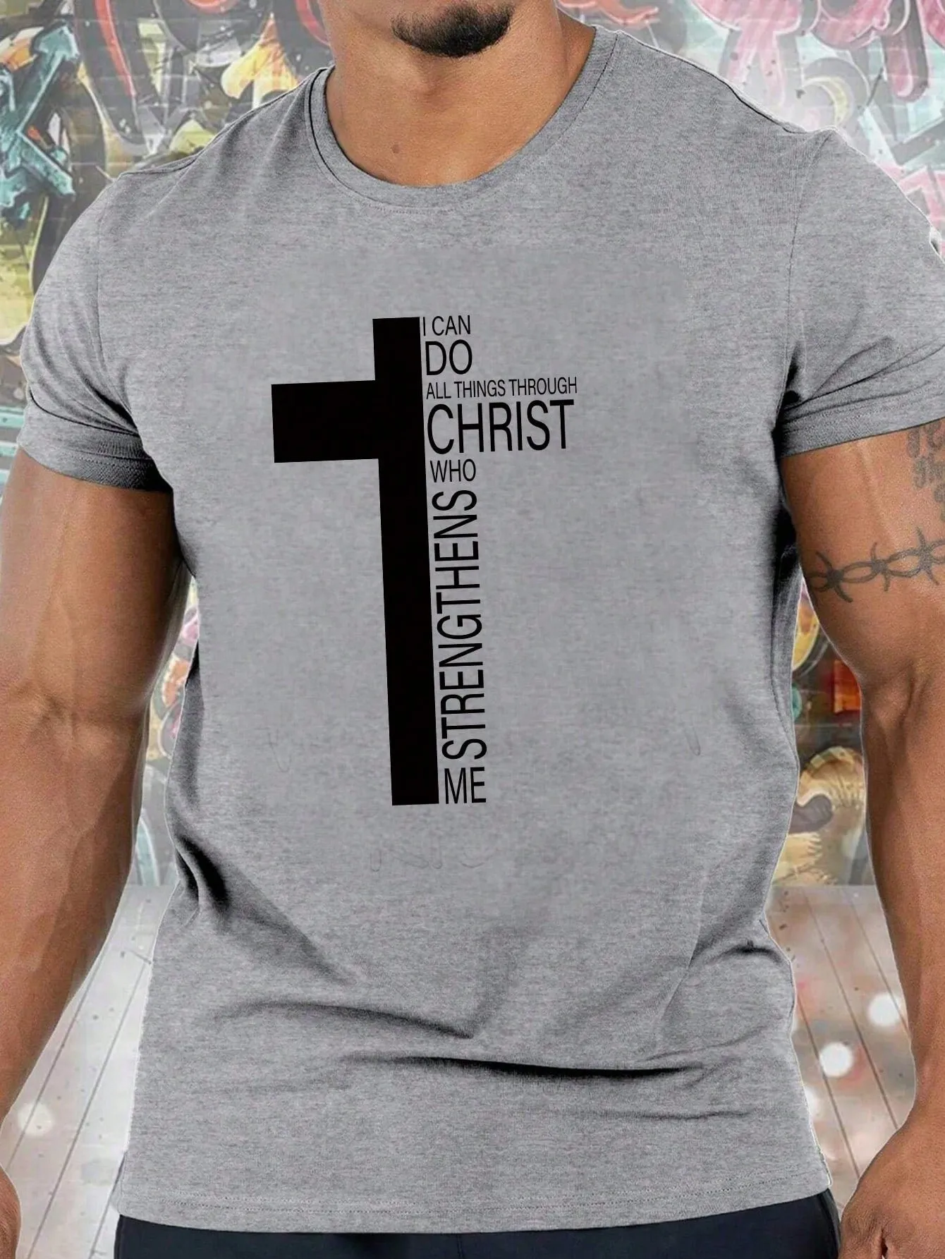 Men's Casual Summer Slogan T-Shirt, Cross Print, Round Neck, Short Sleeve