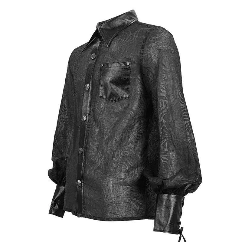 Men's Gothic Puff Sleeved Faux Leather Splice Shirt