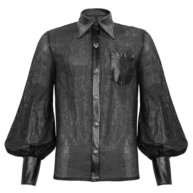 Men's Gothic Puff Sleeved Faux Leather Splice Shirt