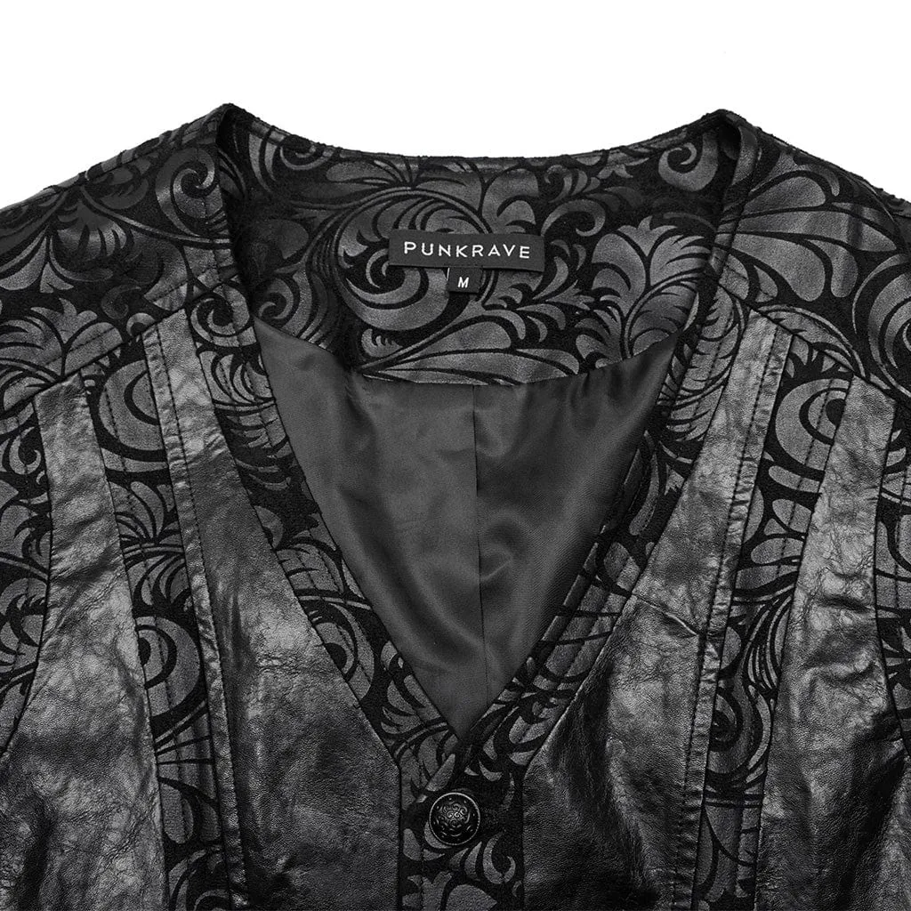 Men's Gothic V-neck Floral Printed Faux Leather Vest