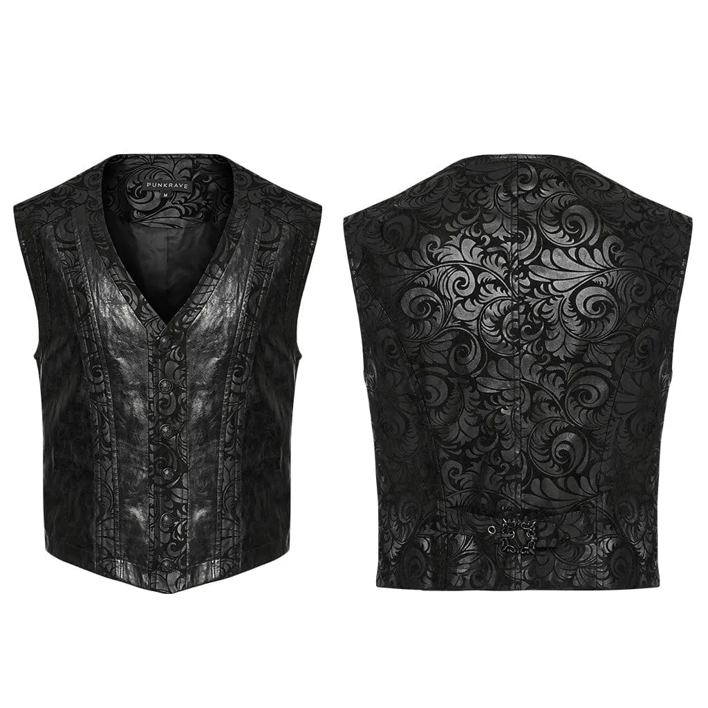 Men's Gothic V-neck Floral Printed Faux Leather Vest