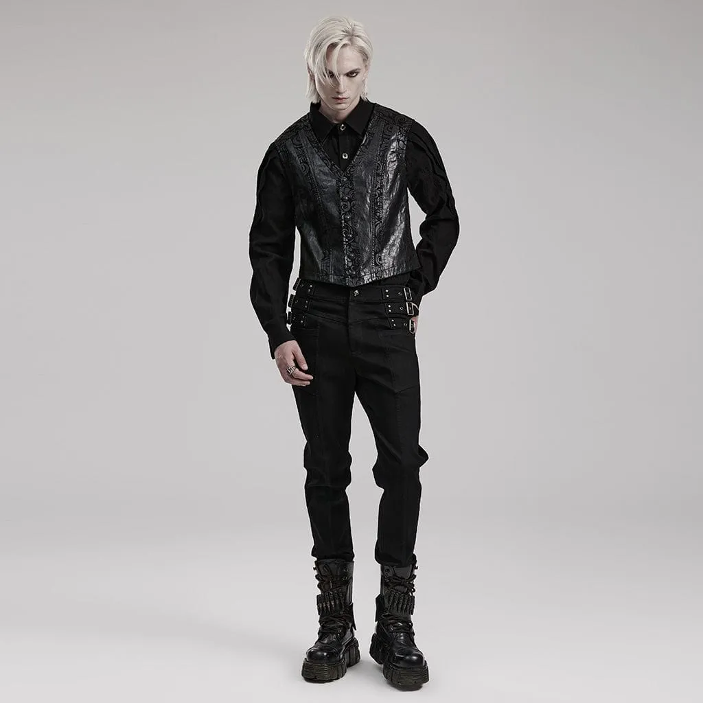 Men's Gothic V-neck Floral Printed Faux Leather Vest