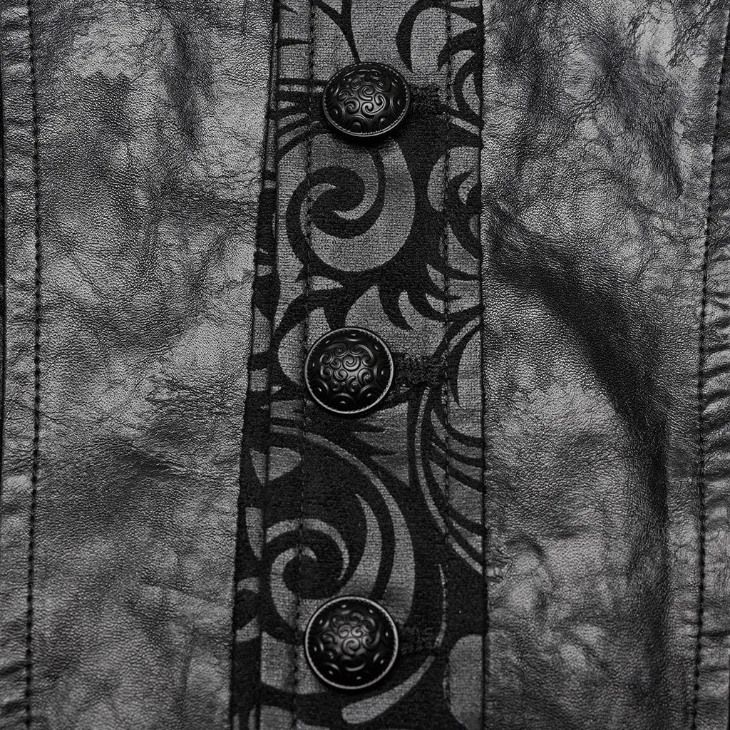 Men's Gothic V-neck Floral Printed Faux Leather Vest
