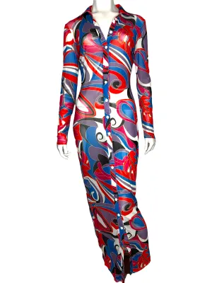 Mesh Digital Print Red Button Up Dress