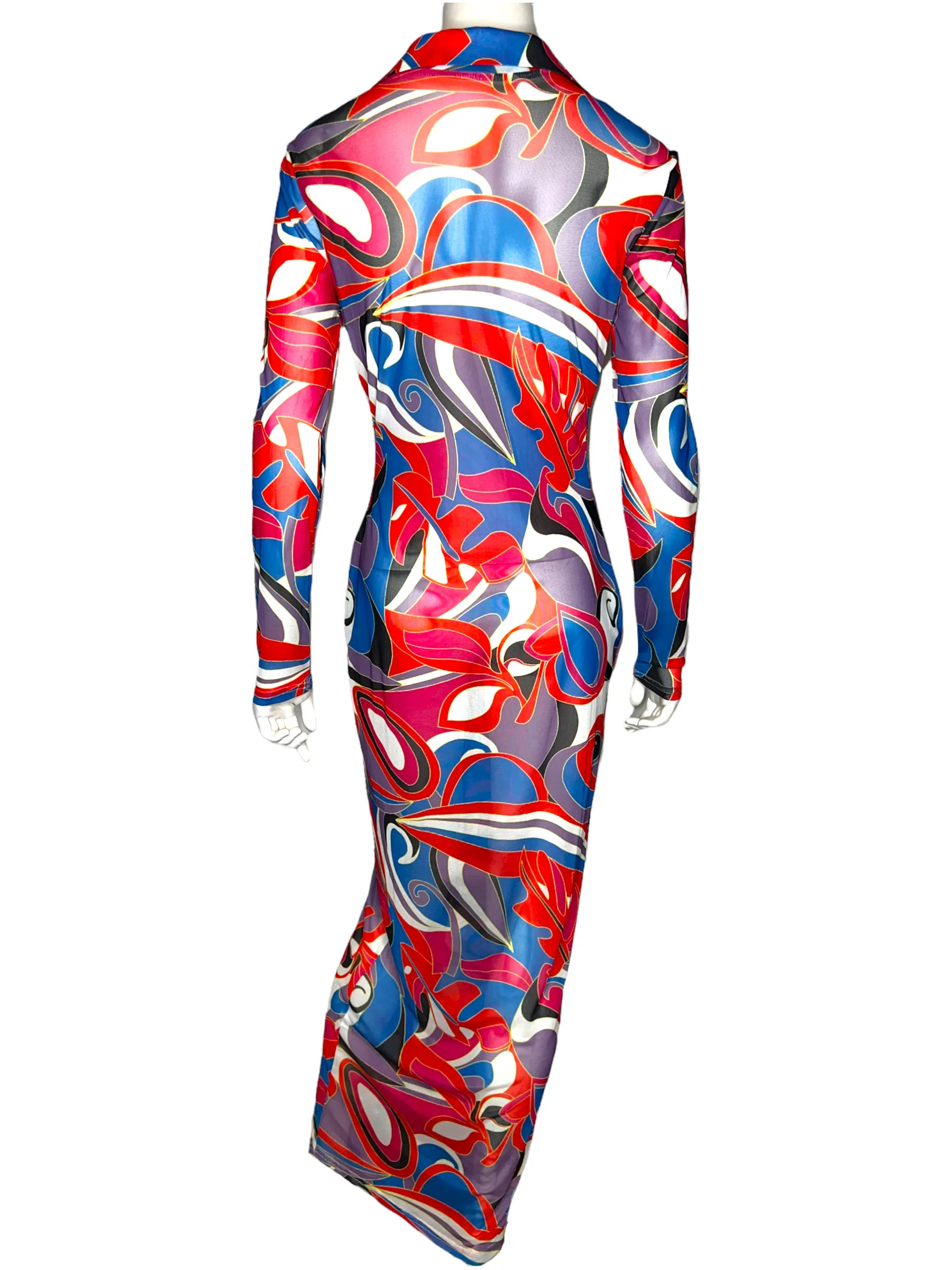 Mesh Digital Print Red Button Up Dress