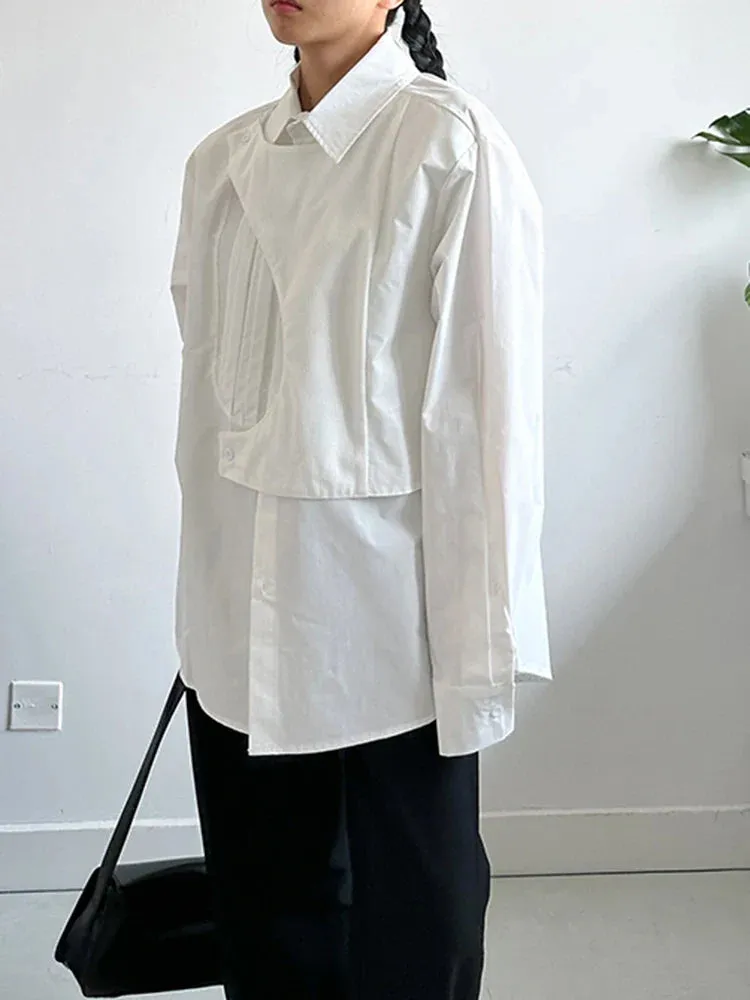 Metaversmall Solid Designer Loose Blouse For Women Lapel Long Sleeve Spliced Single Breasted Irregular Shirts Female Fashion New