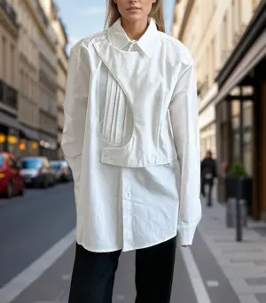 Metaversmall Solid Designer Loose Blouse For Women Lapel Long Sleeve Spliced Single Breasted Irregular Shirts Female Fashion New