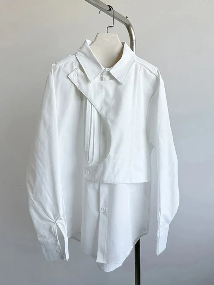 Metaversmall Solid Designer Loose Blouse For Women Lapel Long Sleeve Spliced Single Breasted Irregular Shirts Female Fashion New