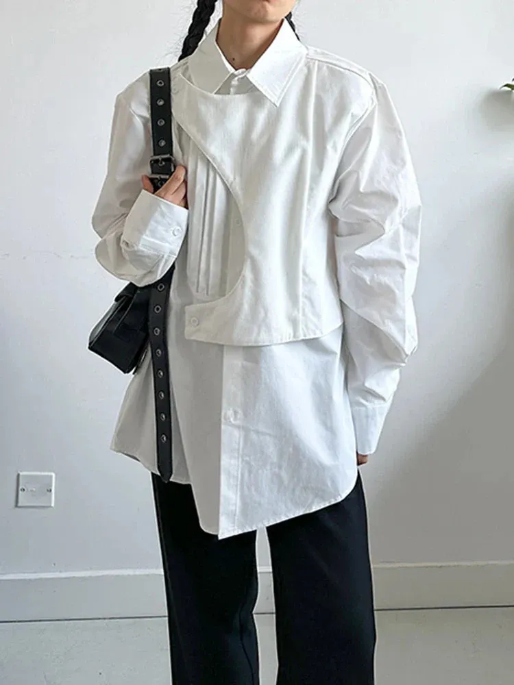Metaversmall Solid Designer Loose Blouse For Women Lapel Long Sleeve Spliced Single Breasted Irregular Shirts Female Fashion New