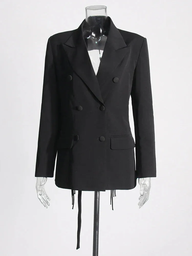 Metaversmall Solid Hollow Out Spliced Drawstring Blazers For Women Notched Collar Long Sleeve Backless Blazer Female Fashion Style New