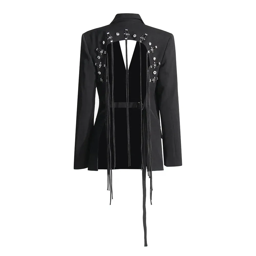 Metaversmall Solid Hollow Out Spliced Drawstring Blazers For Women Notched Collar Long Sleeve Backless Blazer Female Fashion Style New