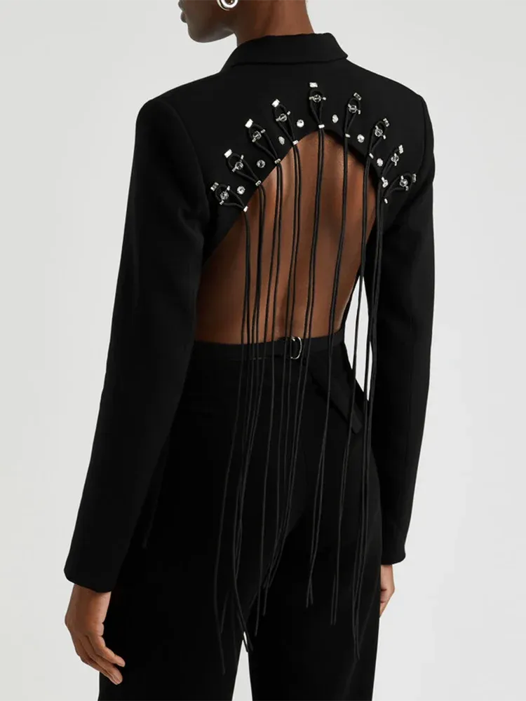 Metaversmall Solid Hollow Out Spliced Drawstring Blazers For Women Notched Collar Long Sleeve Backless Blazer Female Fashion Style New
