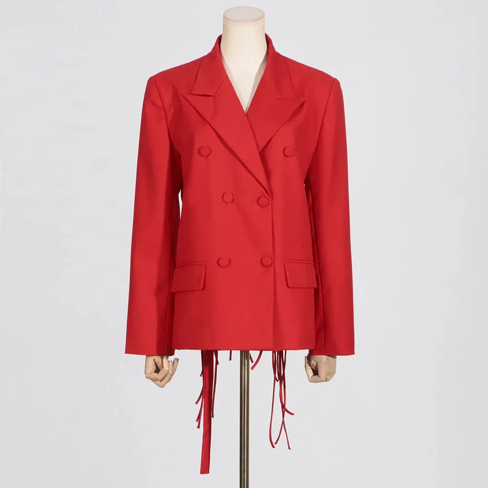 Metaversmall Solid Hollow Out Spliced Drawstring Blazers For Women Notched Collar Long Sleeve Backless Blazer Female Fashion Style New