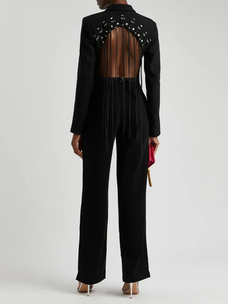 Metaversmall Solid Hollow Out Spliced Drawstring Blazers For Women Notched Collar Long Sleeve Backless Blazer Female Fashion Style New