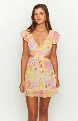 Motif Yellow Floral Print Mini Dress
