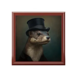 Mr. Otter Portrait Wood Keepsake Jewelry Box with Ceramic Tile Cover