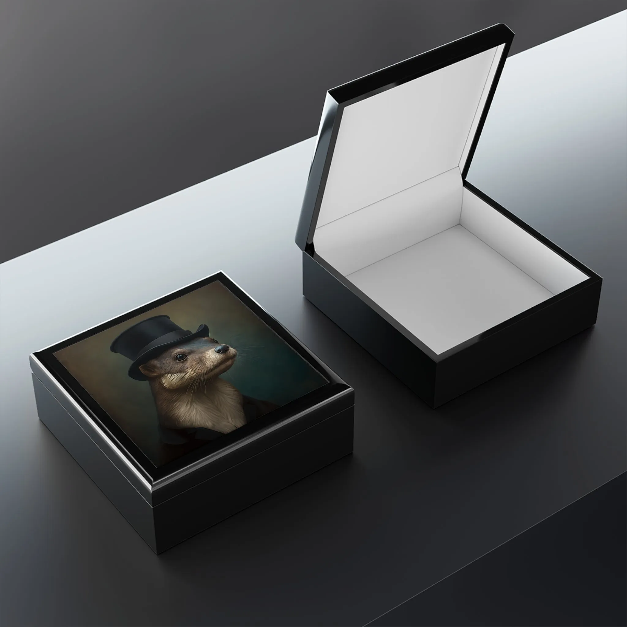 Mr. Otter Portrait Wood Keepsake Jewelry Box with Ceramic Tile Cover