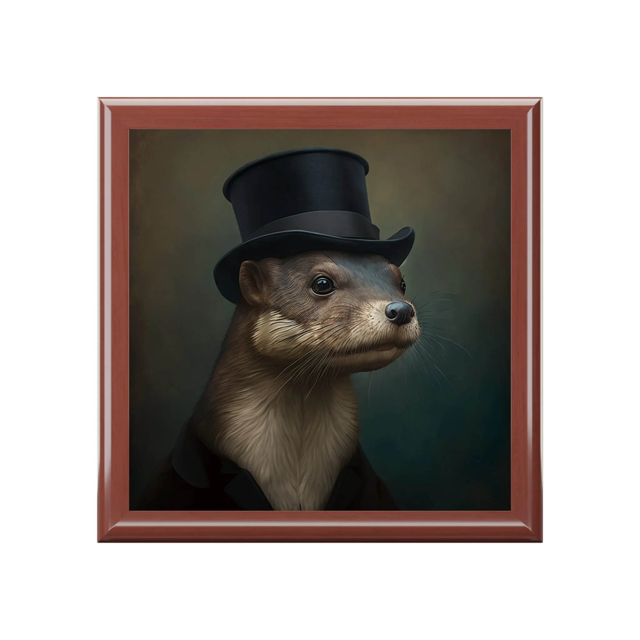 Mr. Otter Portrait Wood Keepsake Jewelry Box with Ceramic Tile Cover