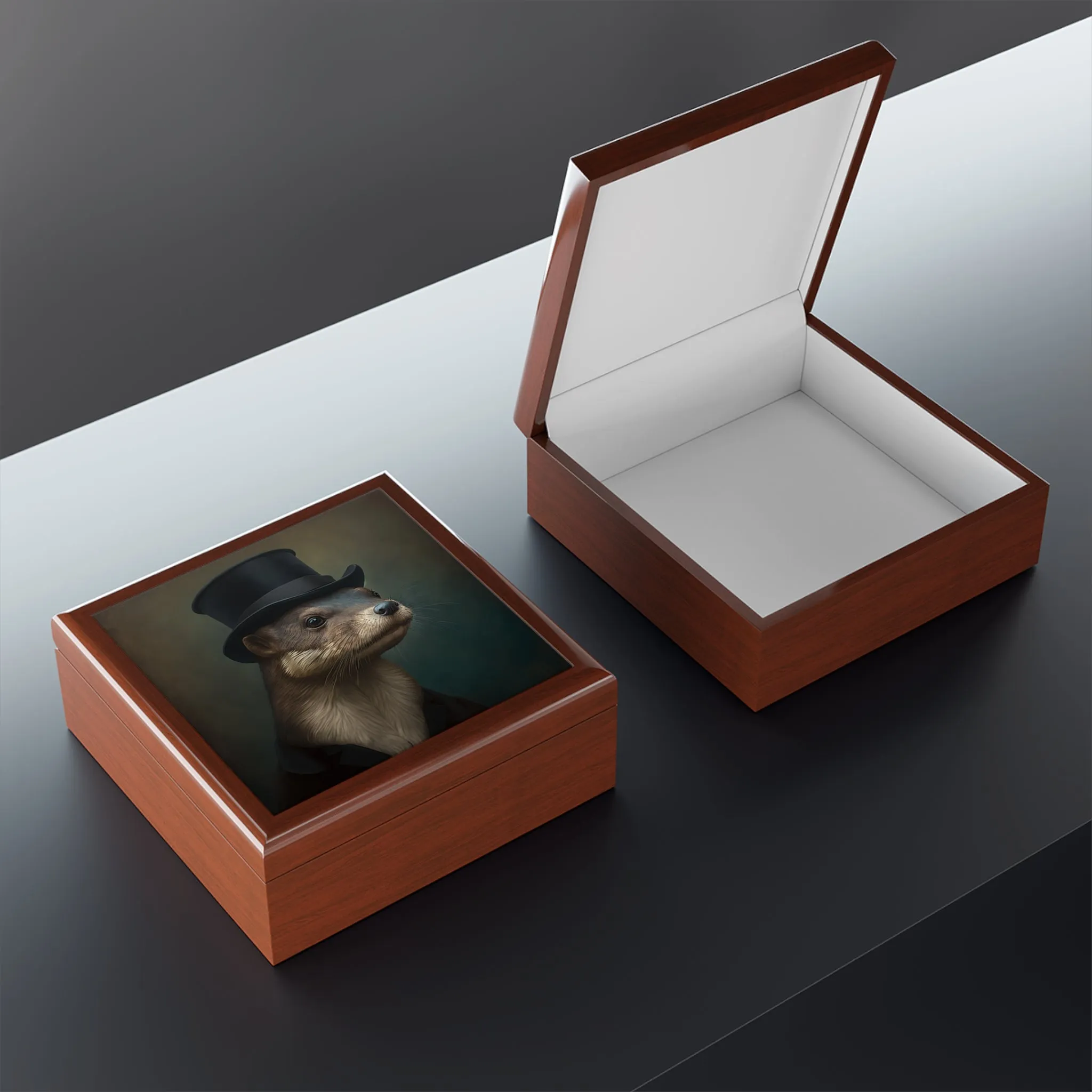 Mr. Otter Portrait Wood Keepsake Jewelry Box with Ceramic Tile Cover