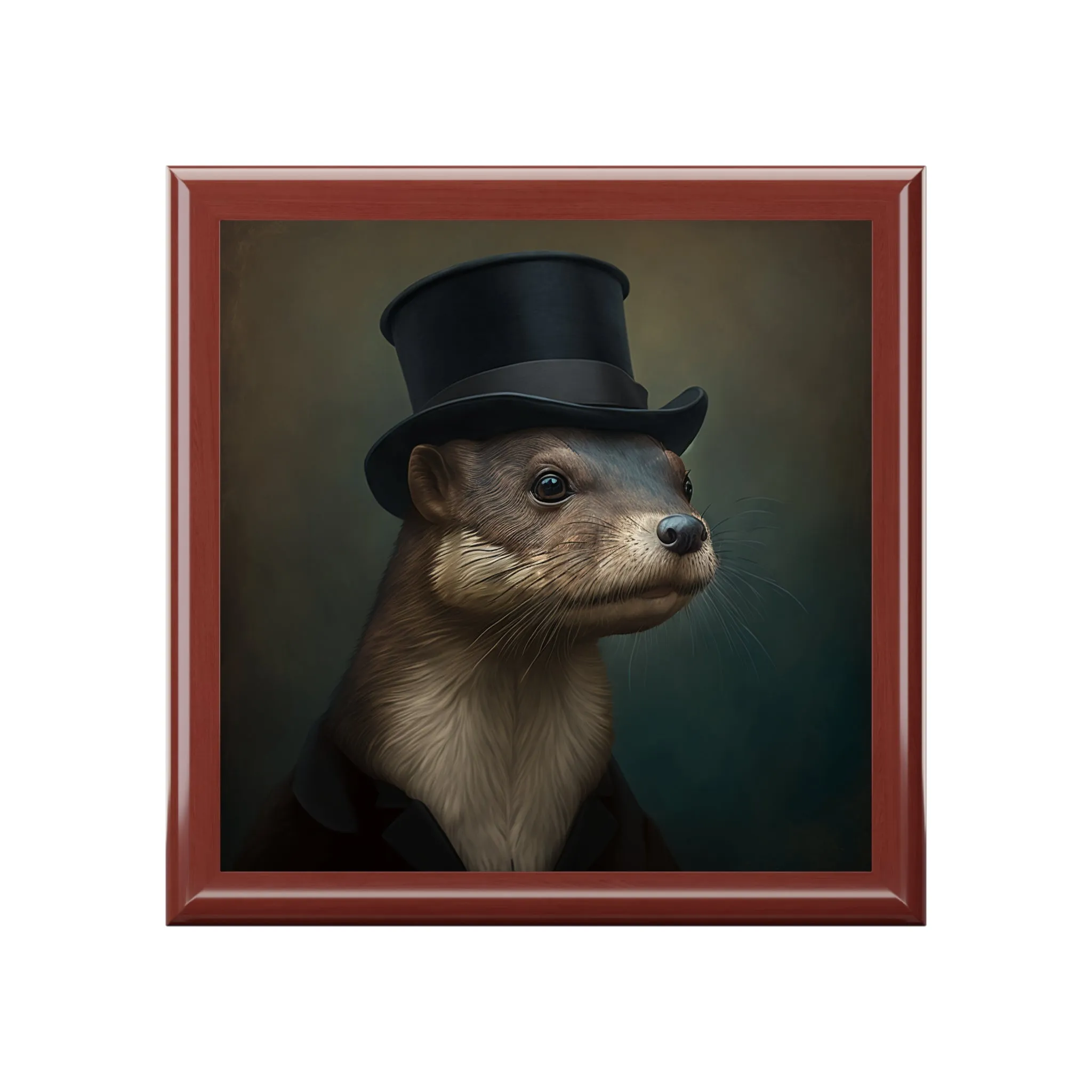 Mr. Otter Portrait Wood Keepsake Jewelry Box with Ceramic Tile Cover