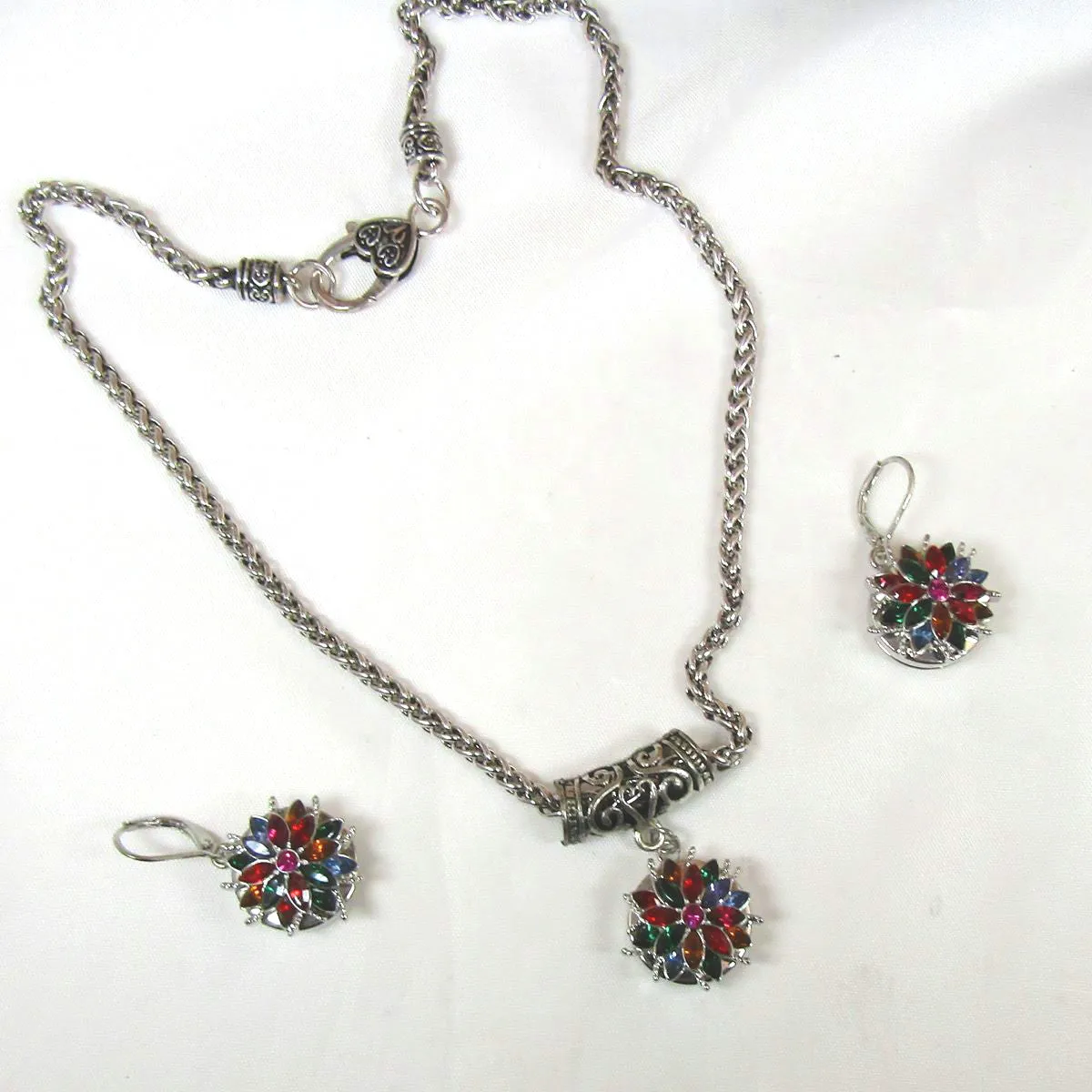 Multi-colored Crystal & Silver Pendant Necklace &  Earrings