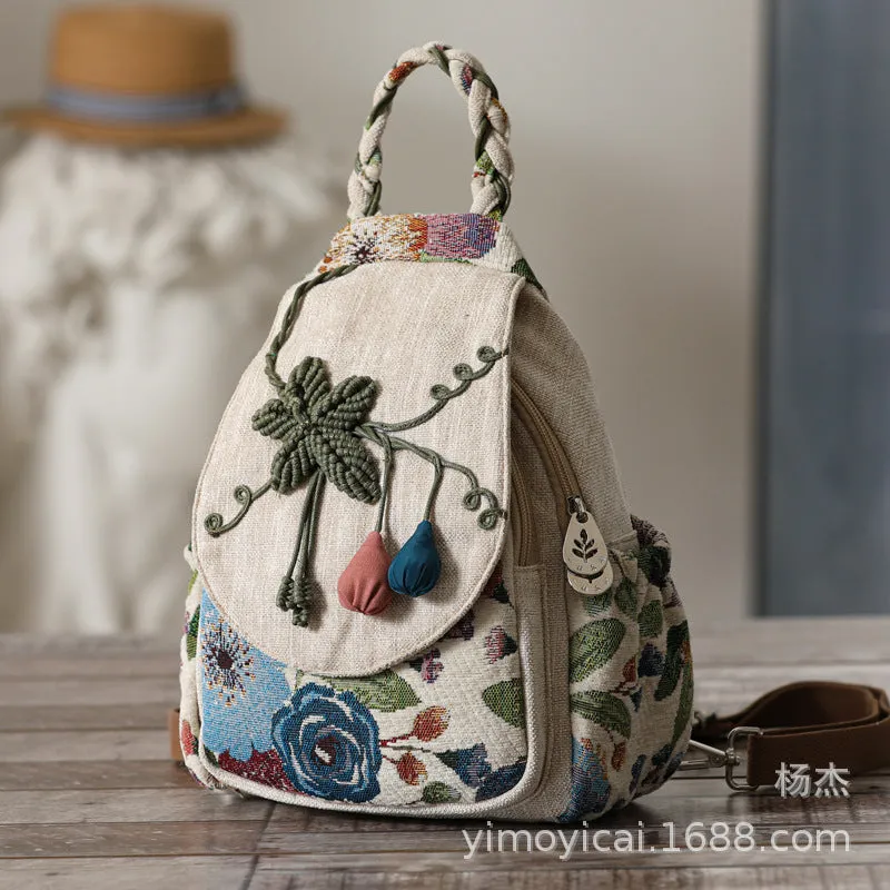 Original National Style Hand-Woven Small Two Shoulders Vertical Multi-Compartment Light Canvas Small Bag Commuting Multifunctional Chest Bag
