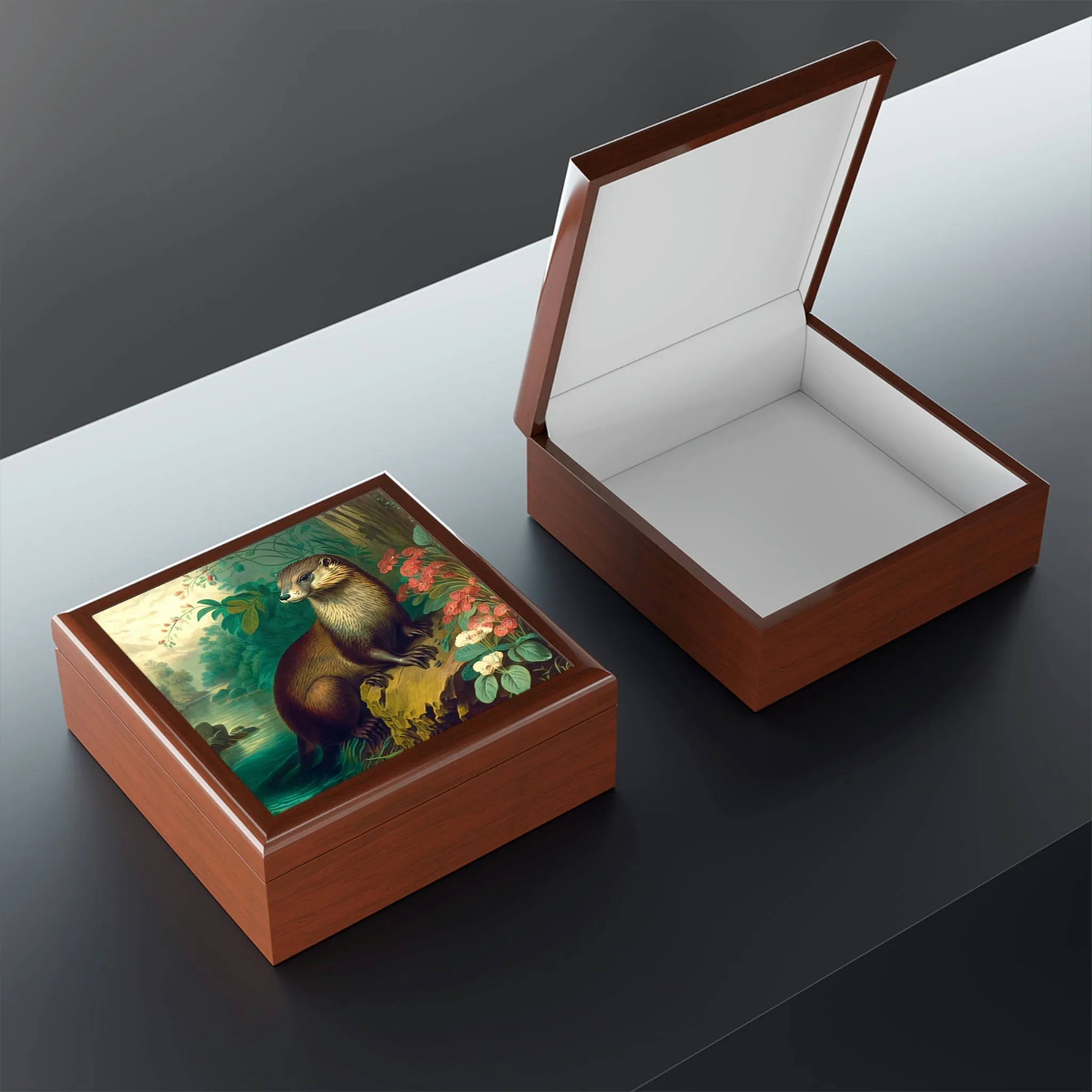 Otter Wood Keepsake Jewelry Box with Ceramic Tile Cover