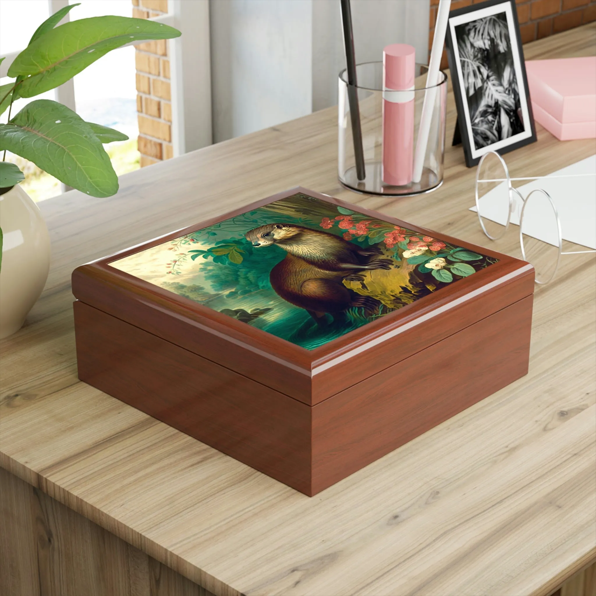 Otter Wood Keepsake Jewelry Box with Ceramic Tile Cover