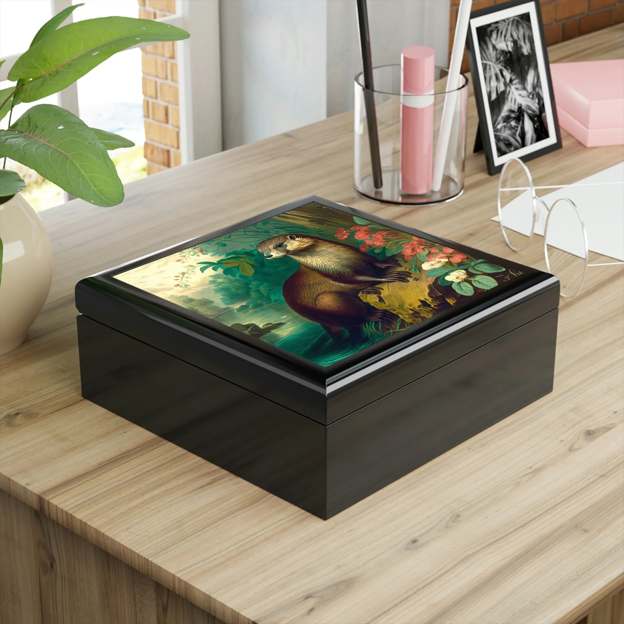 Otter Wood Keepsake Jewelry Box with Ceramic Tile Cover