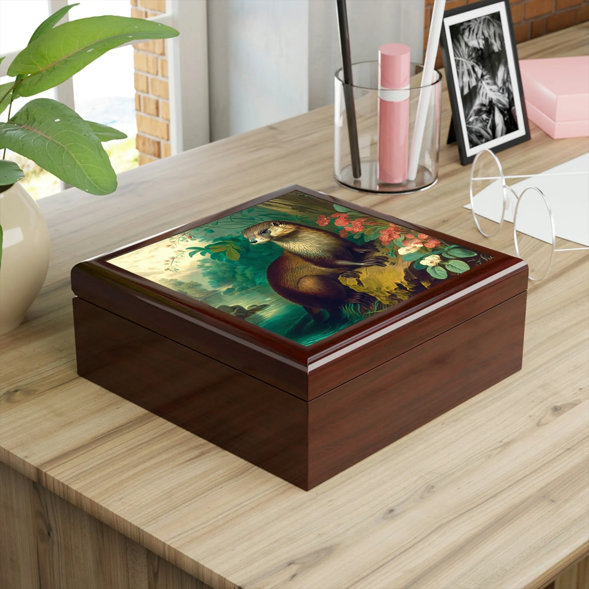 Otter Wood Keepsake Jewelry Box with Ceramic Tile Cover