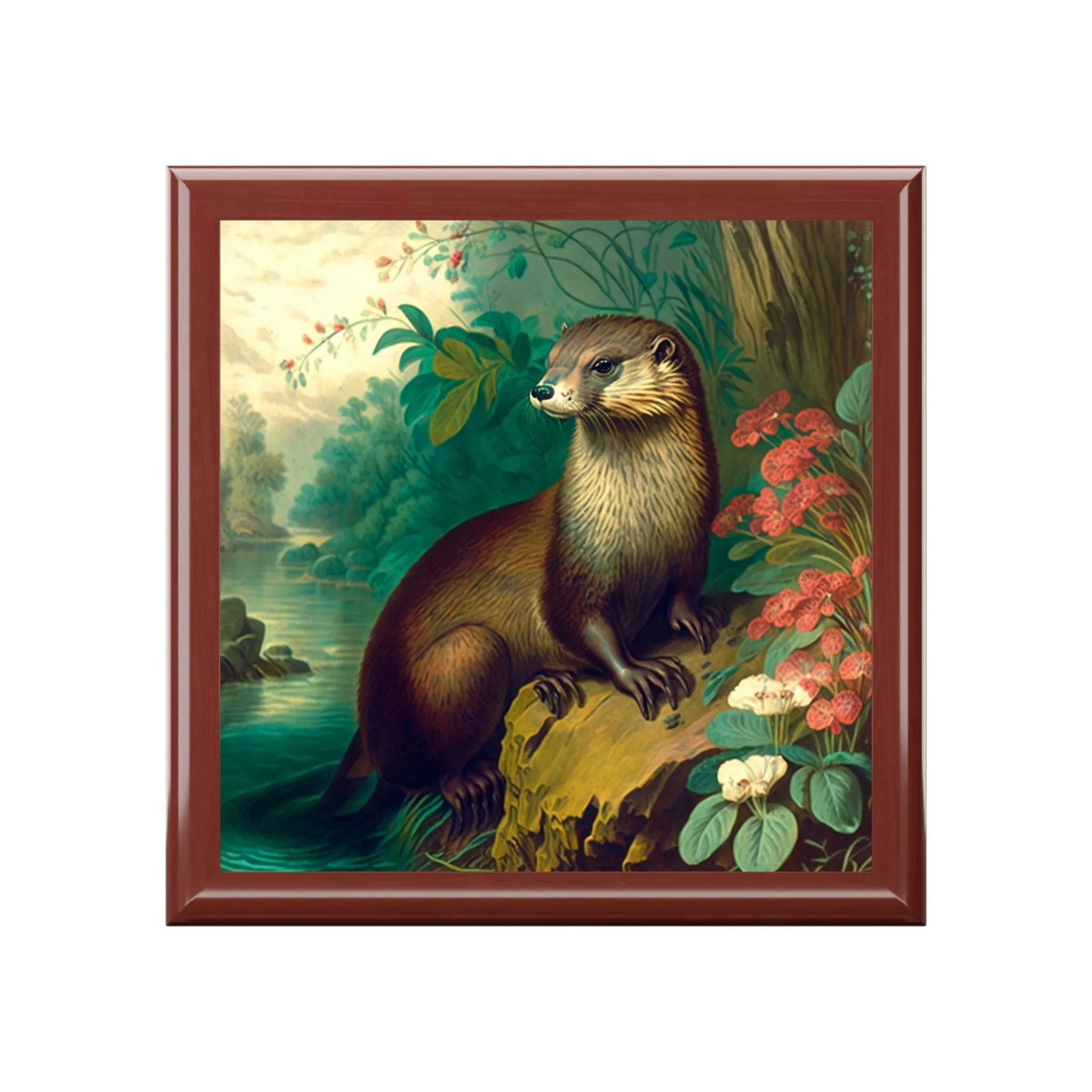 Otter Wood Keepsake Jewelry Box with Ceramic Tile Cover