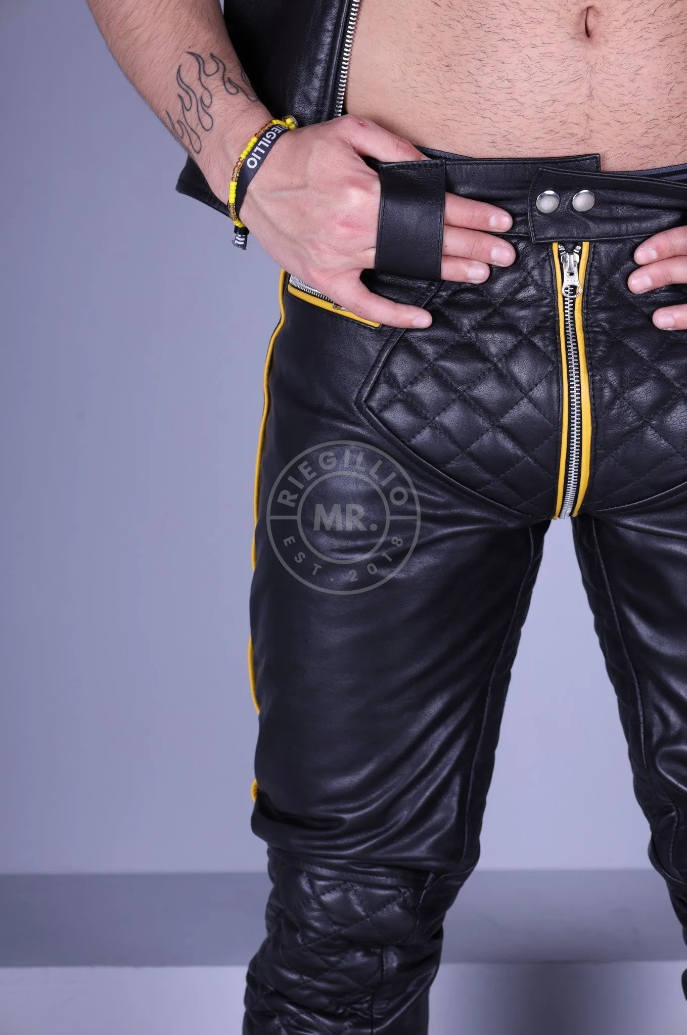 Padded Leather Pants - Yellow Piping
